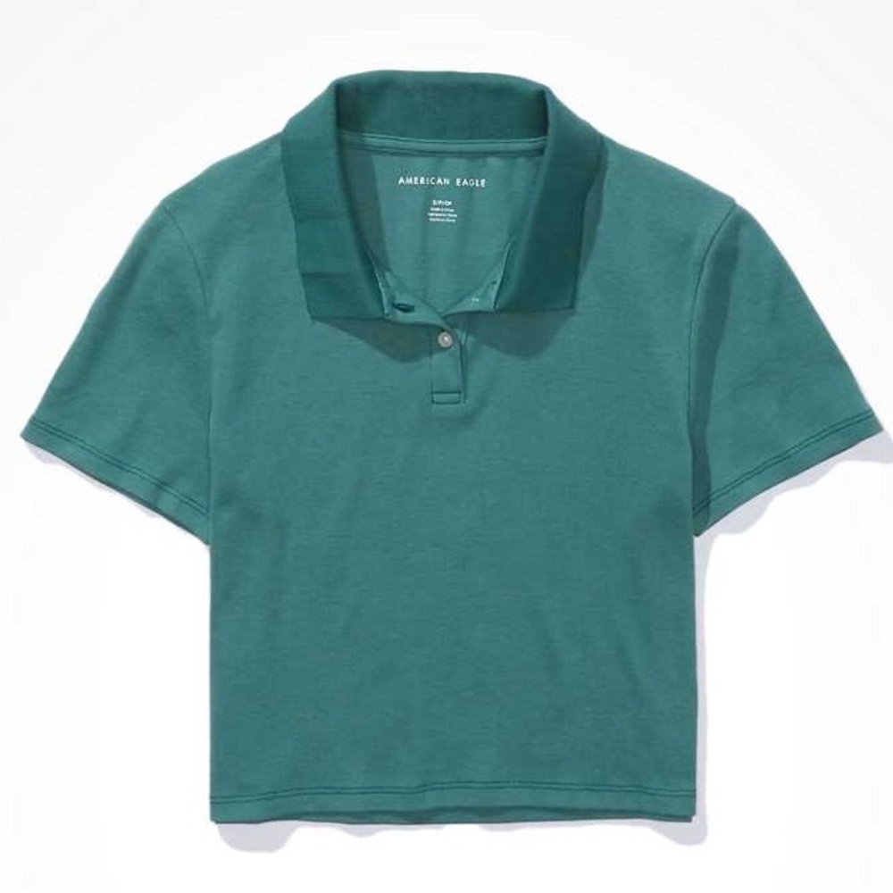 American Eagle Green Collared Cropped Shirt, Size Medium